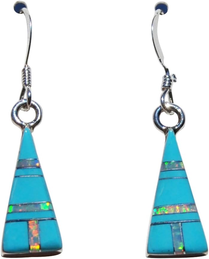 Small Pyramid Shape Handcrafted St. Silver Inlaid Stabilized Turquoise Created Opal Stone Earrings