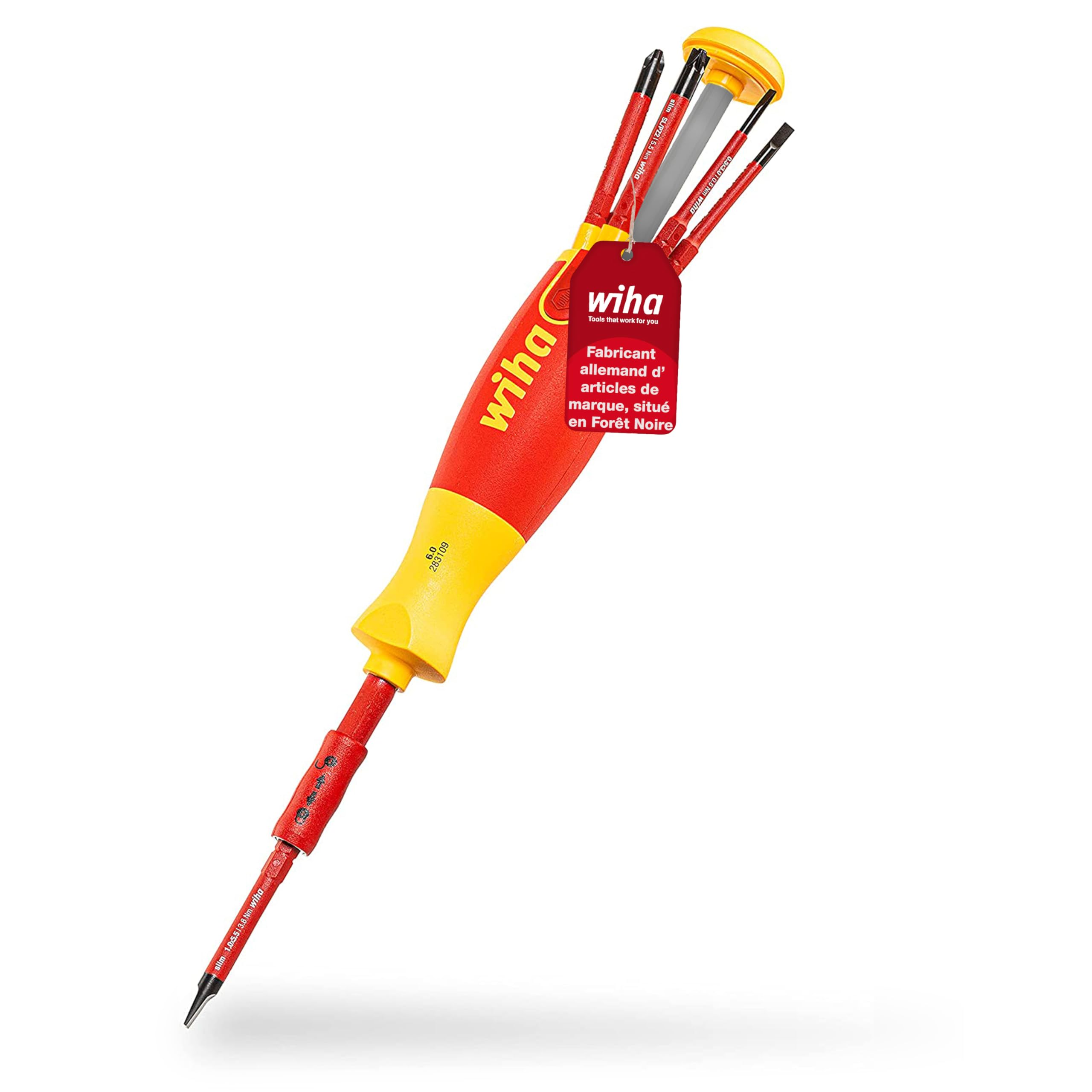 Wiha LiftUp electric Lot de 6 tournevis avec embouts escamotables (41234) I Jeu de tournevis avec chargeur d'embouts en embouts SlimBits pour électriciens, porte-embouts, fente/cruciforme/moins