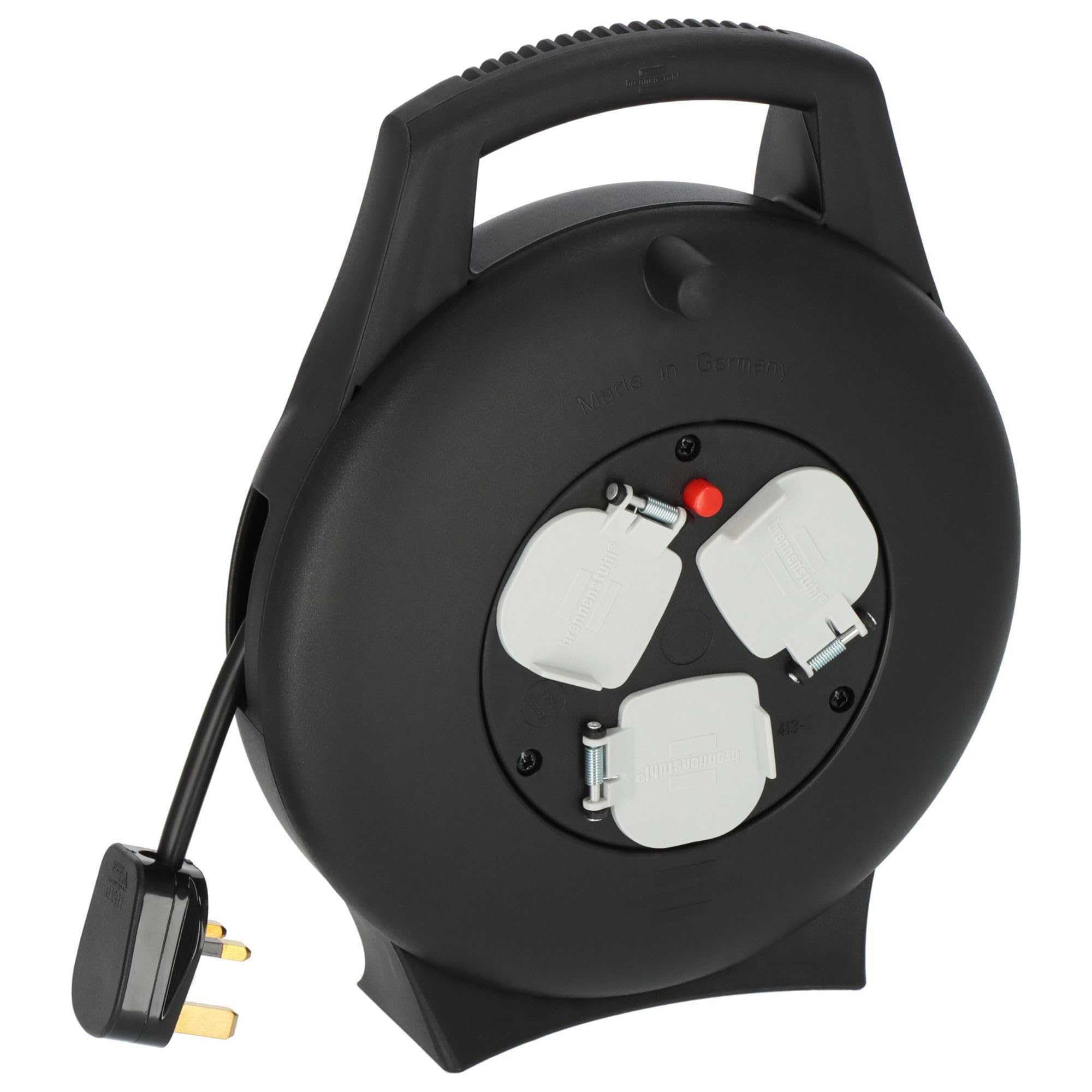 Brennenstuhl Black Vario Line 3-Way Extension Reel 10M (Made In Germany, Portable Extension Cable, Safety Cut-Out, Indoor Cable Reel With Carry Handle)