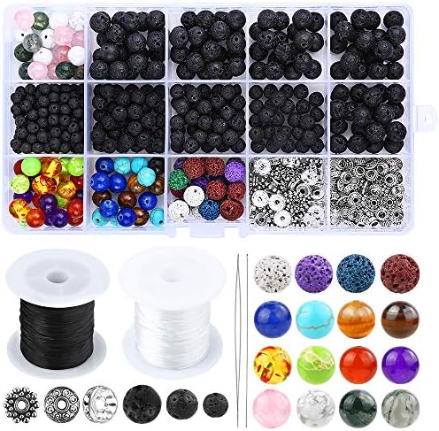 YBLNTEK 600 Pcs Chakra Beads Lava Beads Rock Stone Assorted Colored Volcanic Gemstone Beads Spacer Beads with 2 Beading Needles and 2 Roll Elastic Stretch String for Bracelet Jewelry Making