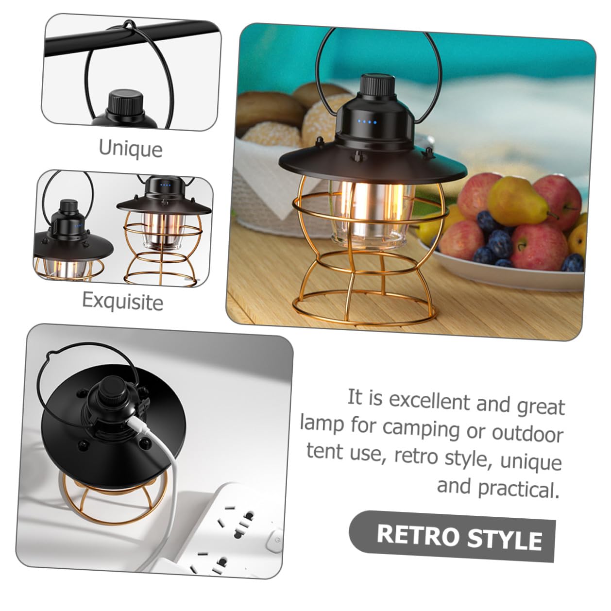 Lámpara Vintage Portátil para Camping Luz LED Recargable Linterna de Mano Multifuncional para Exteriores para Senderismo y Actividades al Aire