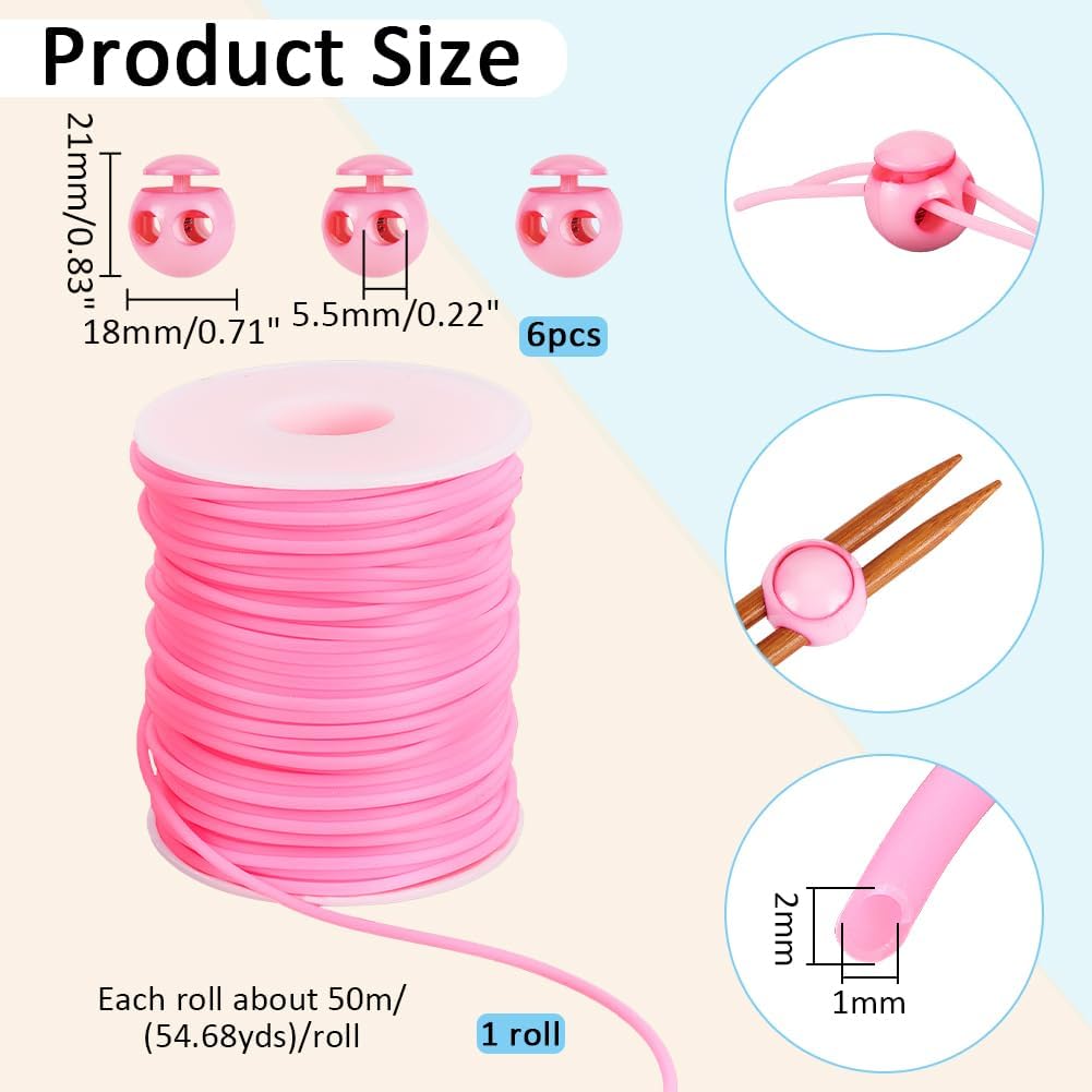 NBEADS Synthetic Rubber Cord Kit, 54.68 Yards - 6 Plastic Cord Locks for Drawstring, Elastic Shoelace, Hot Pink