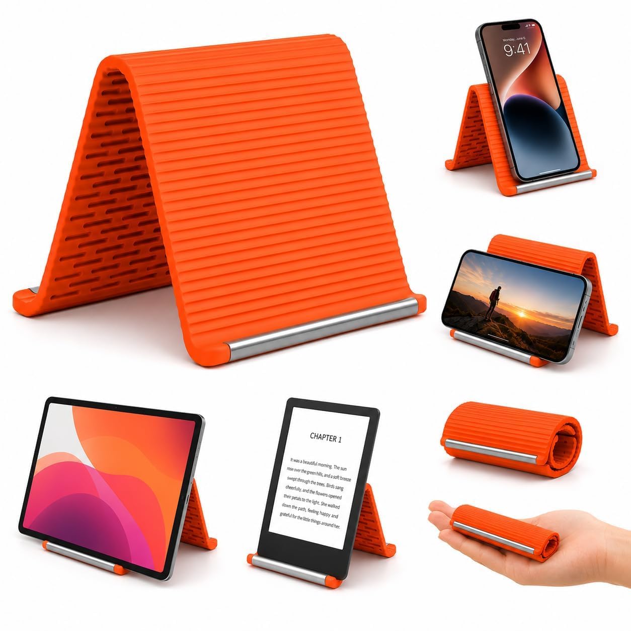 flexible silicone phone stand, adjustable mobile phone holder for desk, portable foldable stand compatible with iphone, ipad, tablets, smartphones, home, office & gaming (orange)