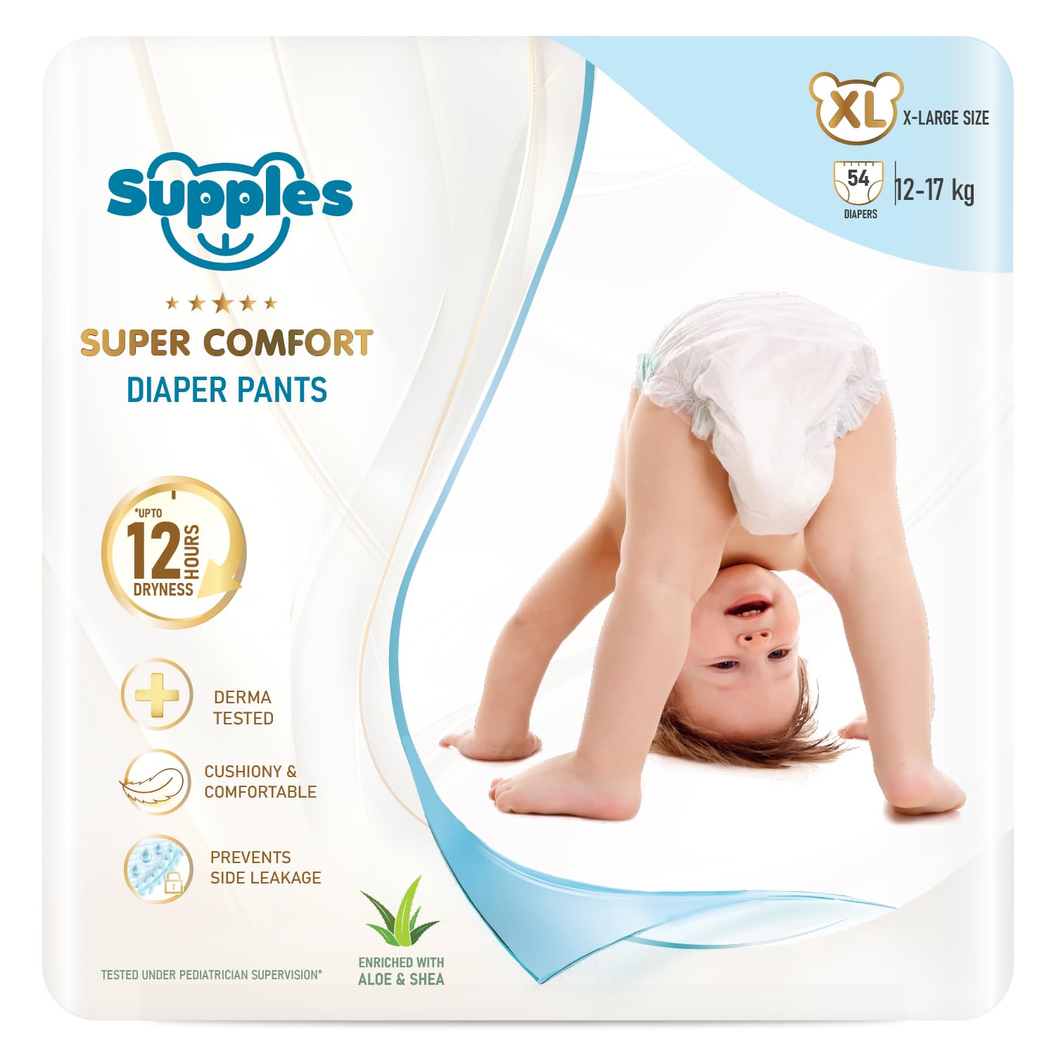 Amazon Brand - Supples Ultra Comfort Baby Diaper Pants | Anti-Rash, Dermatologically Tested & No Leakage upto 12 hours | 54 Baby Diapers | X-Large | 12-17 Kg | 12 Hrs Absorption-image-42