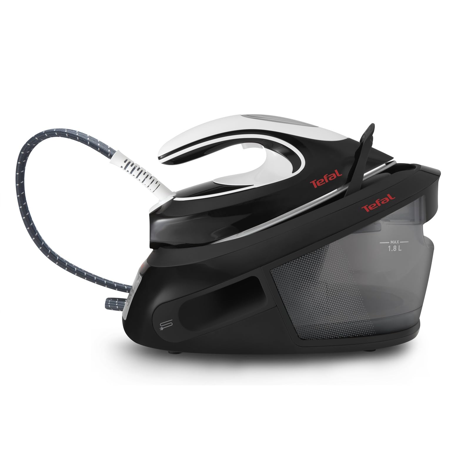 TEFAL EXPRESS ANTI-CALC Dampfbügelstation, abnehmbarer Kalk-Kollektor, 450 g/Min. Dampfstoß, leistungsstarker 6,5-Bar-Druck, Smart Temp-Technologie, Eco-Modus, 1,8l Wassertank, schwarz/weiß, SV8055