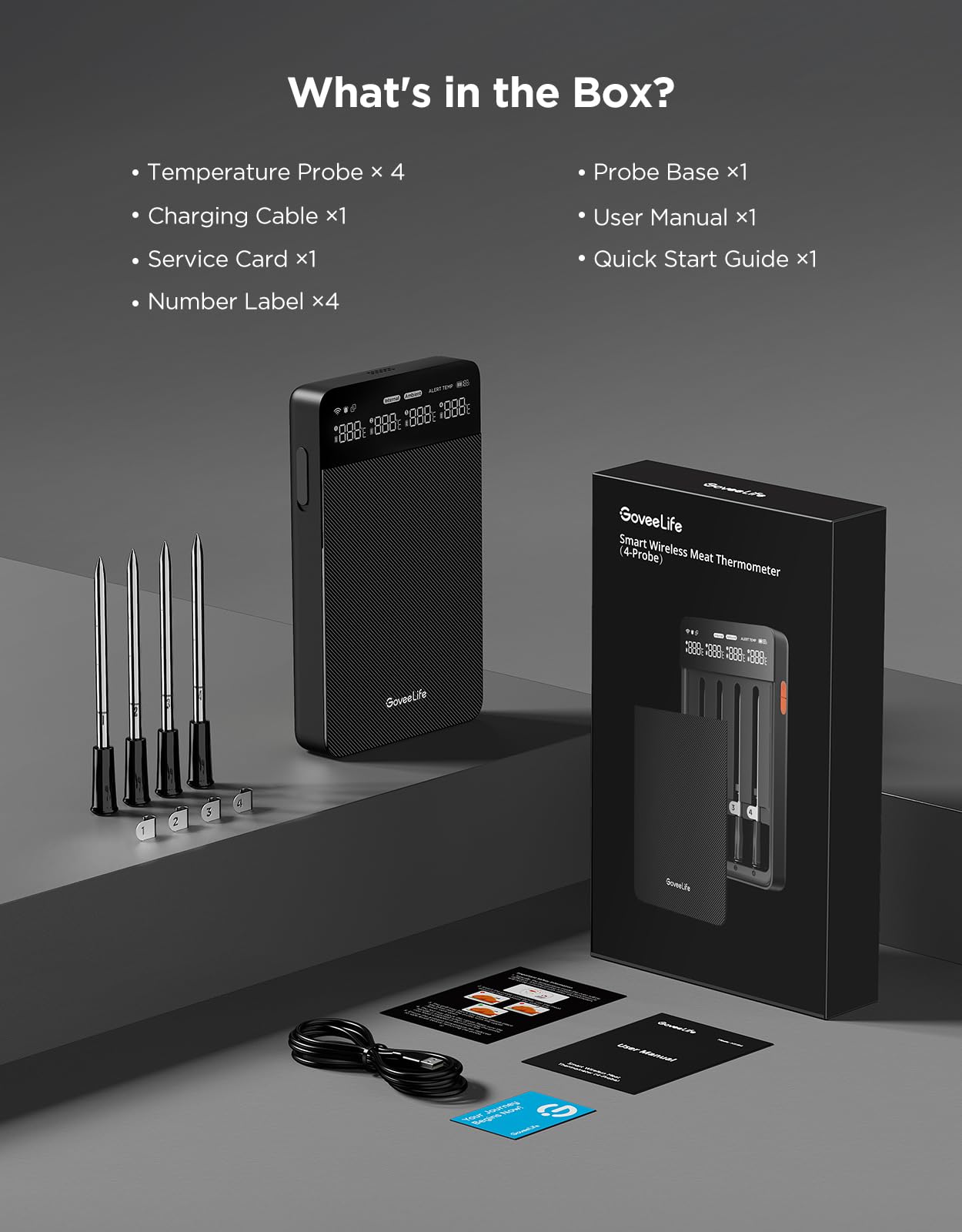 GoveeLife Smart Wireless Meat Thermometer Digital 4 Probes with App Alarm | Stable Bluetooth WiFi Transmission, IP68 Waterproof, Standalone Charge Magnetic Base, Grill Thermometer for BBQ, Smoker, Oven
