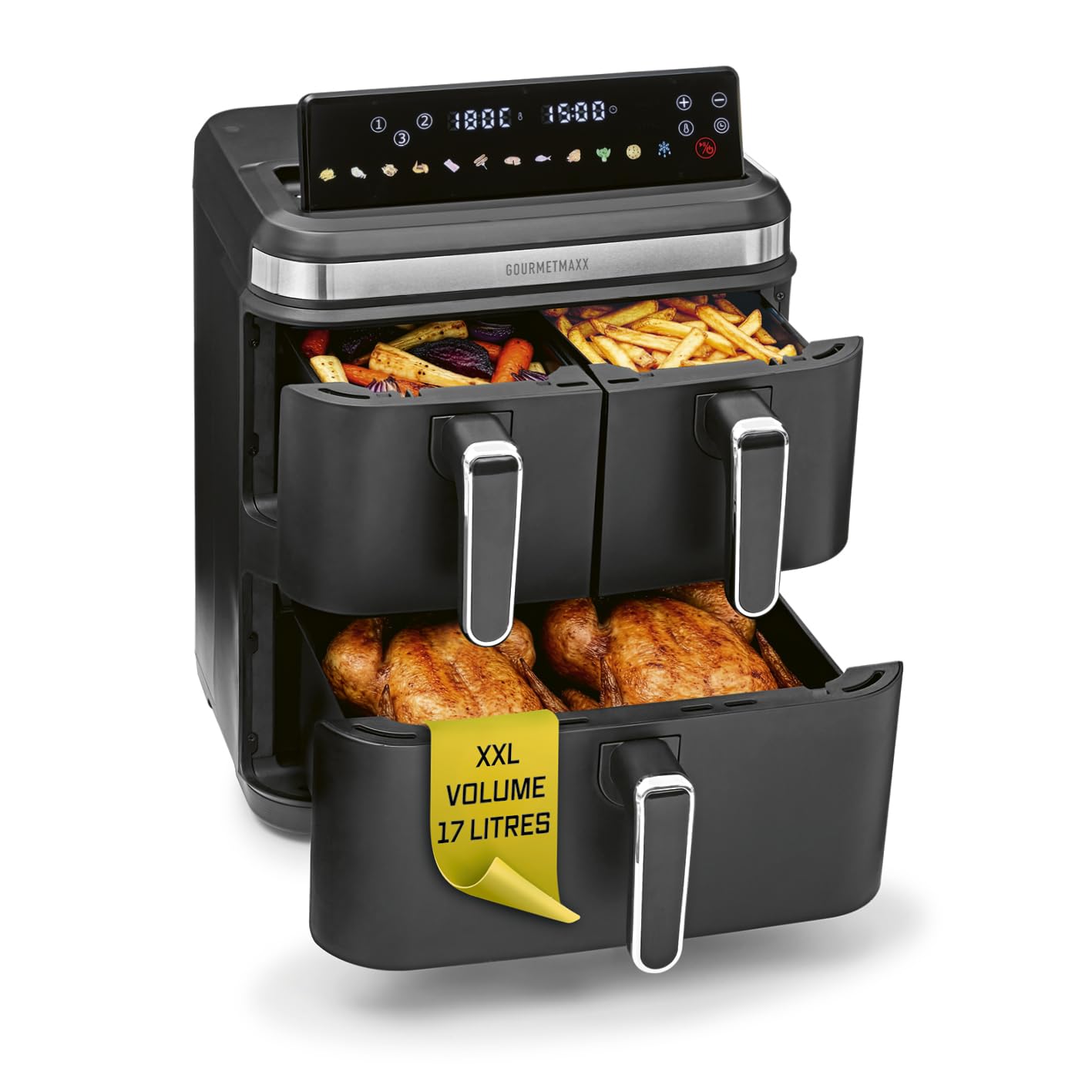 GOURMETmaxx FryUp3 Friteuse à air chaud verticale 3 chambres | Friteuse à air chaud XXL 17 litres | Airfryer avec écran tactile pliable multicolore | Friteuse à air pour 12 personnes | 12 programmes