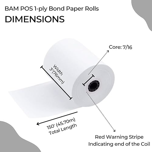 Miniatura 4 de BAM POS, Papel de recibo de 1 capa para impresoras de cocina, 3 x 150 pies, color blanco (24 rollos)