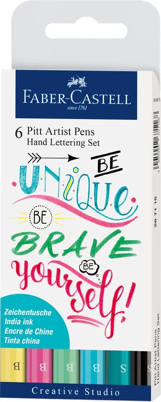 Faber-Castell Pitt Artist Pen Hand Lettering Set - 6 Modern Calligraphy and Lettering Markers In Assorted Nibs and Colors (Be Unique)