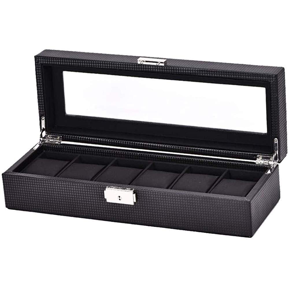 Uhrenbox mit Glasdeckel, 6-teilige Uhrenbox, Uhrenaufbewahrungsbox aus Kohlefaser, Schmuckdisplay, Aufbewahrungsbox für Männer und Frauen, Uhrengehäuse, 17,8 x 12,8 x 7,5 cm Safehappy