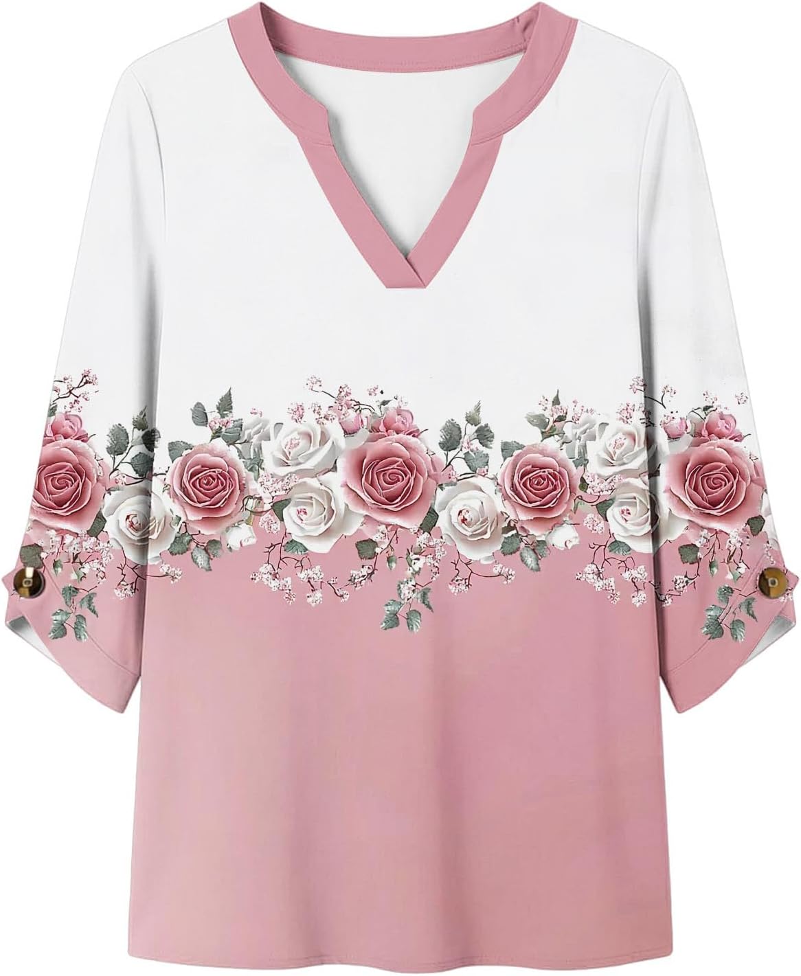 Floral Graphic Top for Women Casual V Neck 3/4 Sleeve T Shirts | Loose Fit Tunic Fashion Blouses Comfy Soft Lightweight Breathable Plus Size Vacation Travel Outfits