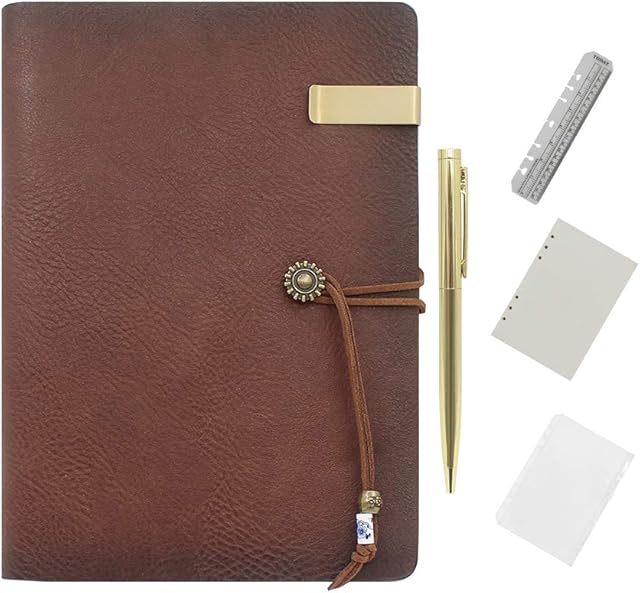 Wonderpool A5 Leather Diary Lined Paper Notebook & Pen - Refillable 6 Ring Binder Writing Spiral Journal for Office Travel Work and Plan Agenda (a-Coffee, A5)