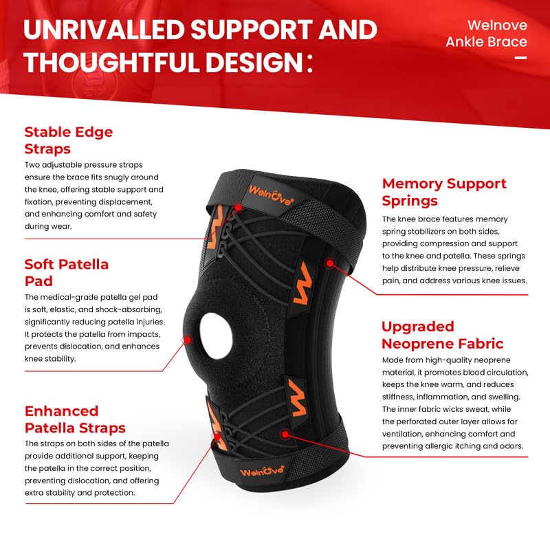 Miniatura 2 de Welnove Rodillera profesional con almohadillas y estabilizadores laterales para aliviar el dolor, compresión ajustable para desgarro de menisco,