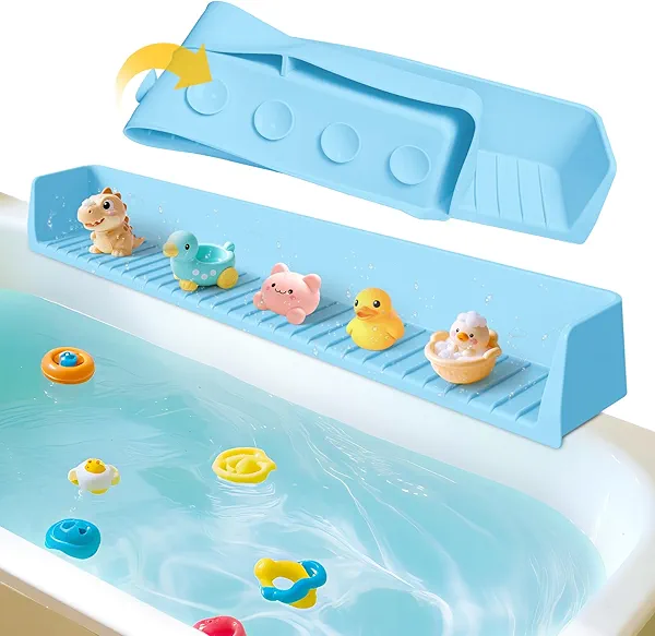Silicone Bathtub Water Guard for Kids, Longer Play Tub Shelf with 11 Suction Cups, Toy Tray Caddy Holder Attaches to Bathtub Ledge, Prevents Water Spills in Bathroom, Fun Bath Time Storage (Baby Blue)