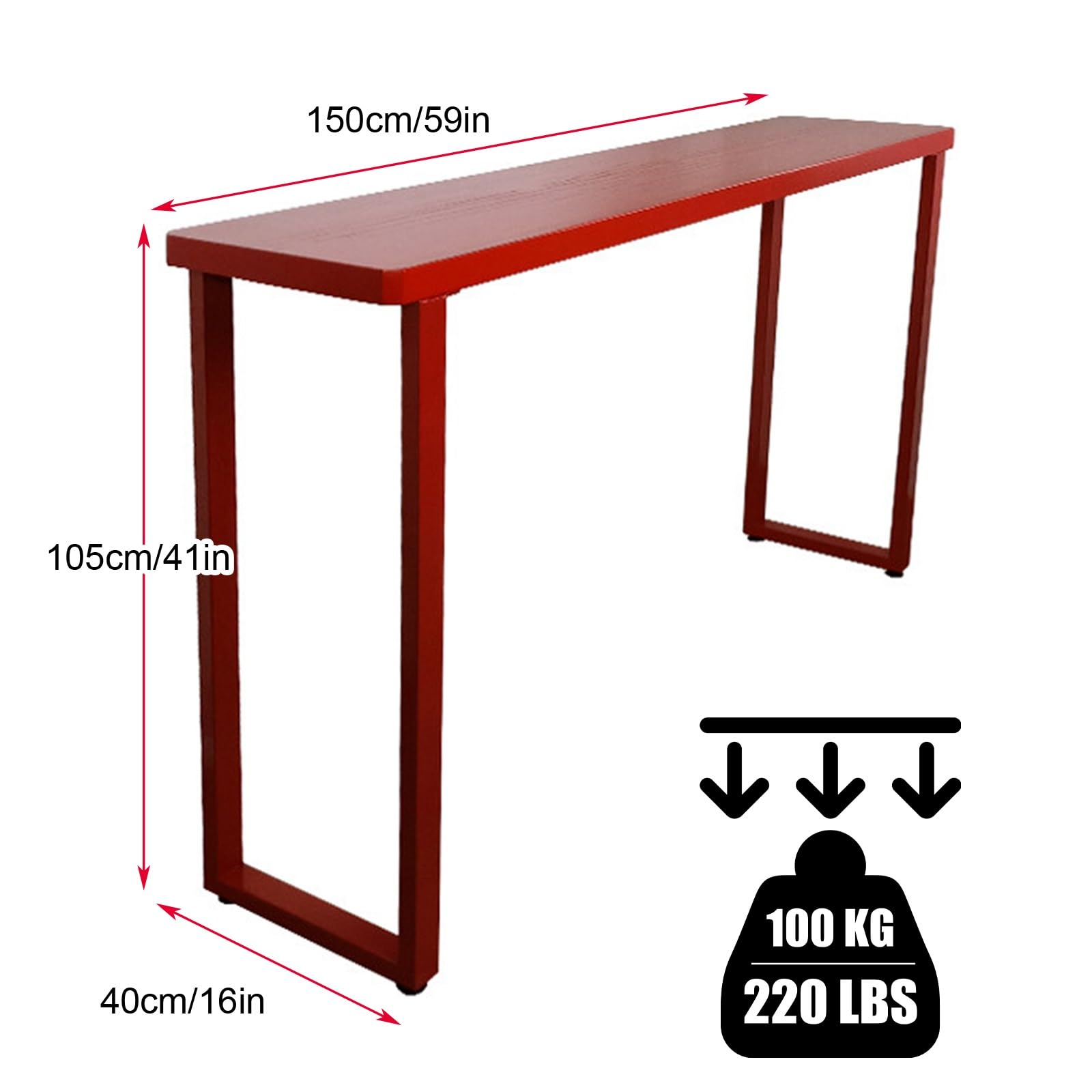 Tavolo Alto da Bar Rosso con Robuste Gambe in Ferro, Tavolino Alto Stretto e Lungo in Legno Massello con Piedini Antiscivolo per Cucina, Soggiorno, Pub, Caffetteria(150x40x105cm/59x16x41in)