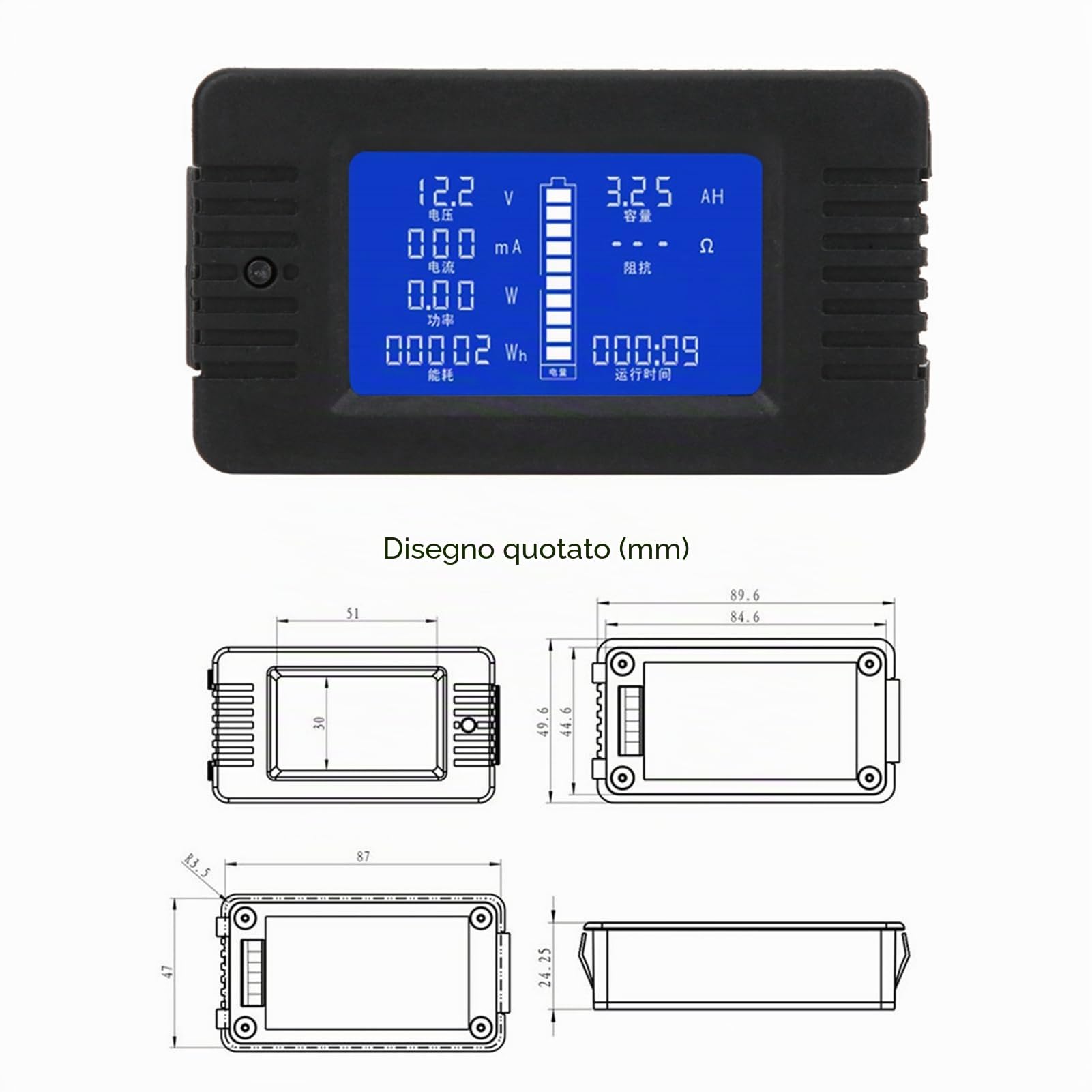 Monitor Batteria con Display LCD e Shunt Integrato 200A per Tensione 0-200V Corrente Continua