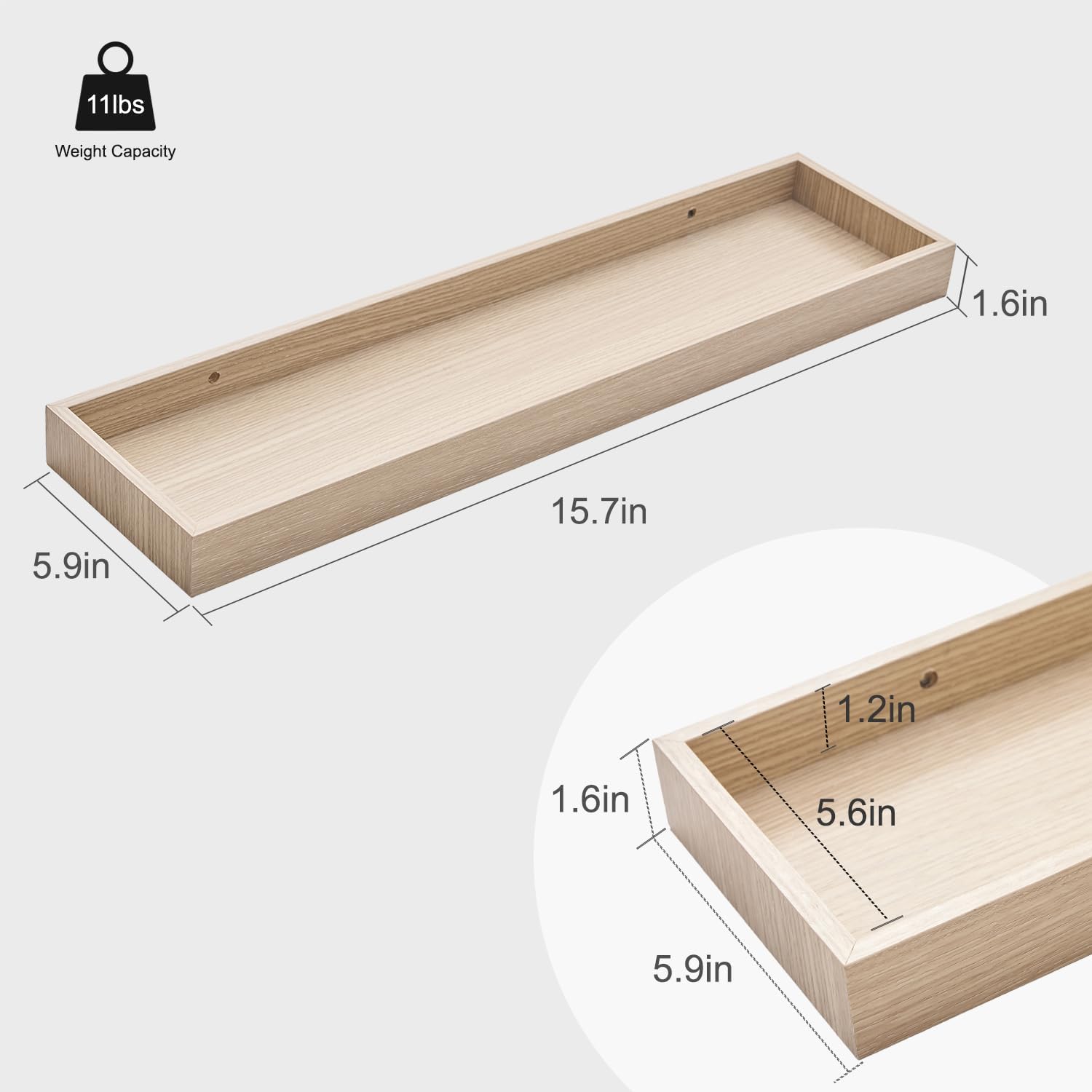 Oak Floating Shelves with Raised Lip 15.7 Inch, Set of 2, Wooden image 3