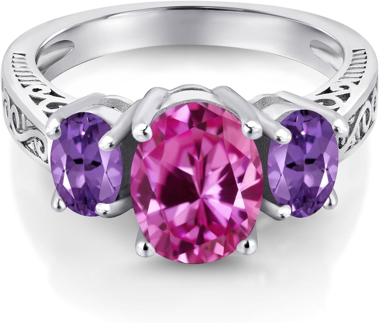 Gem Stone King 3.30 Cttw Pink Created Sapphire and Purple Amethyst 3-Stone Ring For Women | 925 Sterling Silver | Gemstone Birthstone