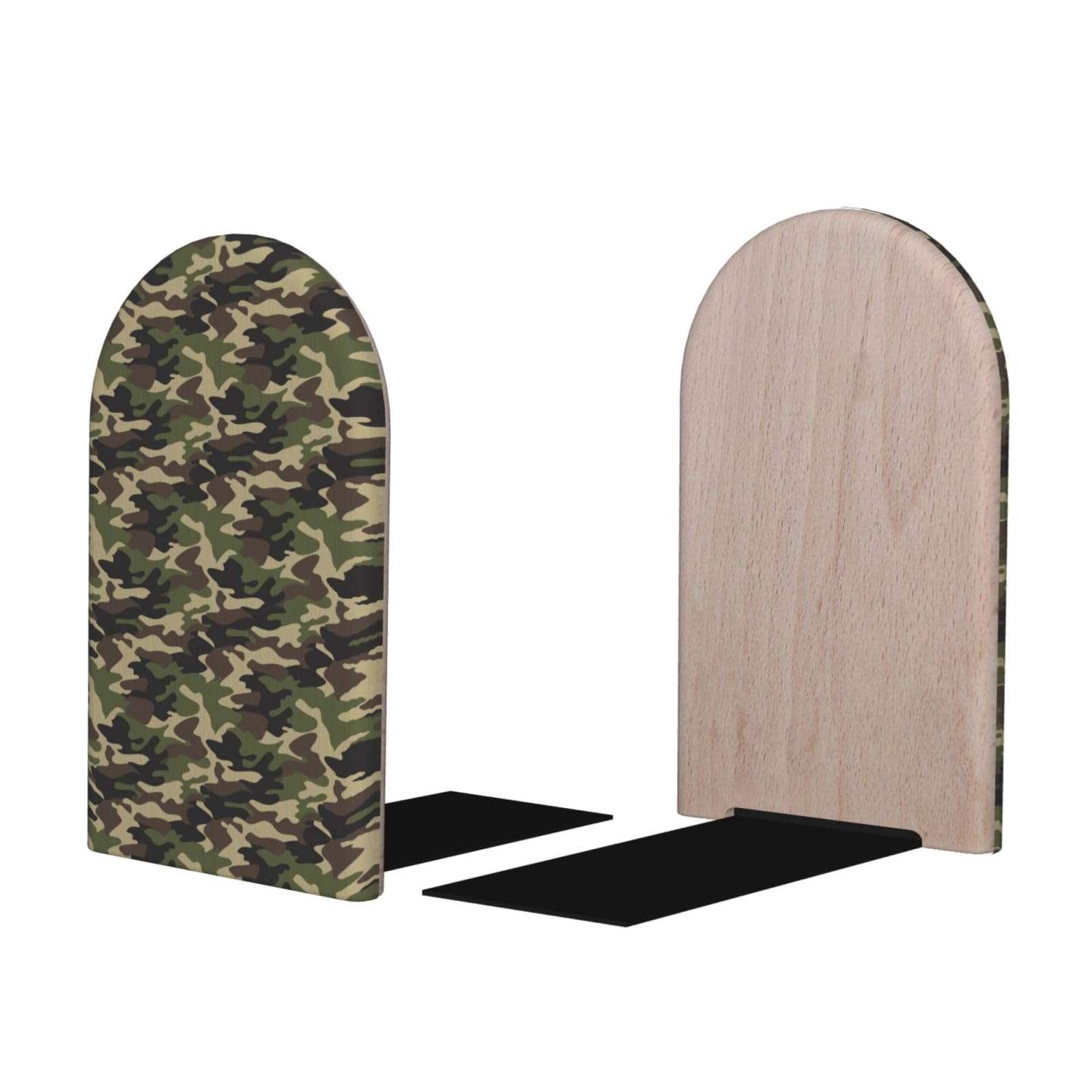 Dark Camouflage Green Print BookEnds 1 Pair, Decorative Bookends for Heavy Books, Wood Book Ends for Shelves, Book Organizer for Home Desk Office Supplies