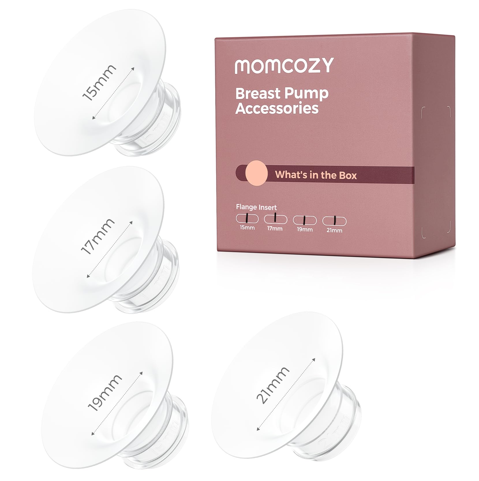 Momcozy Breast Pump Flange Insert 15/17/19/21mm, Only for Momcozy M5/M6/M9, 4PC, White, 15/17/19/21 mm