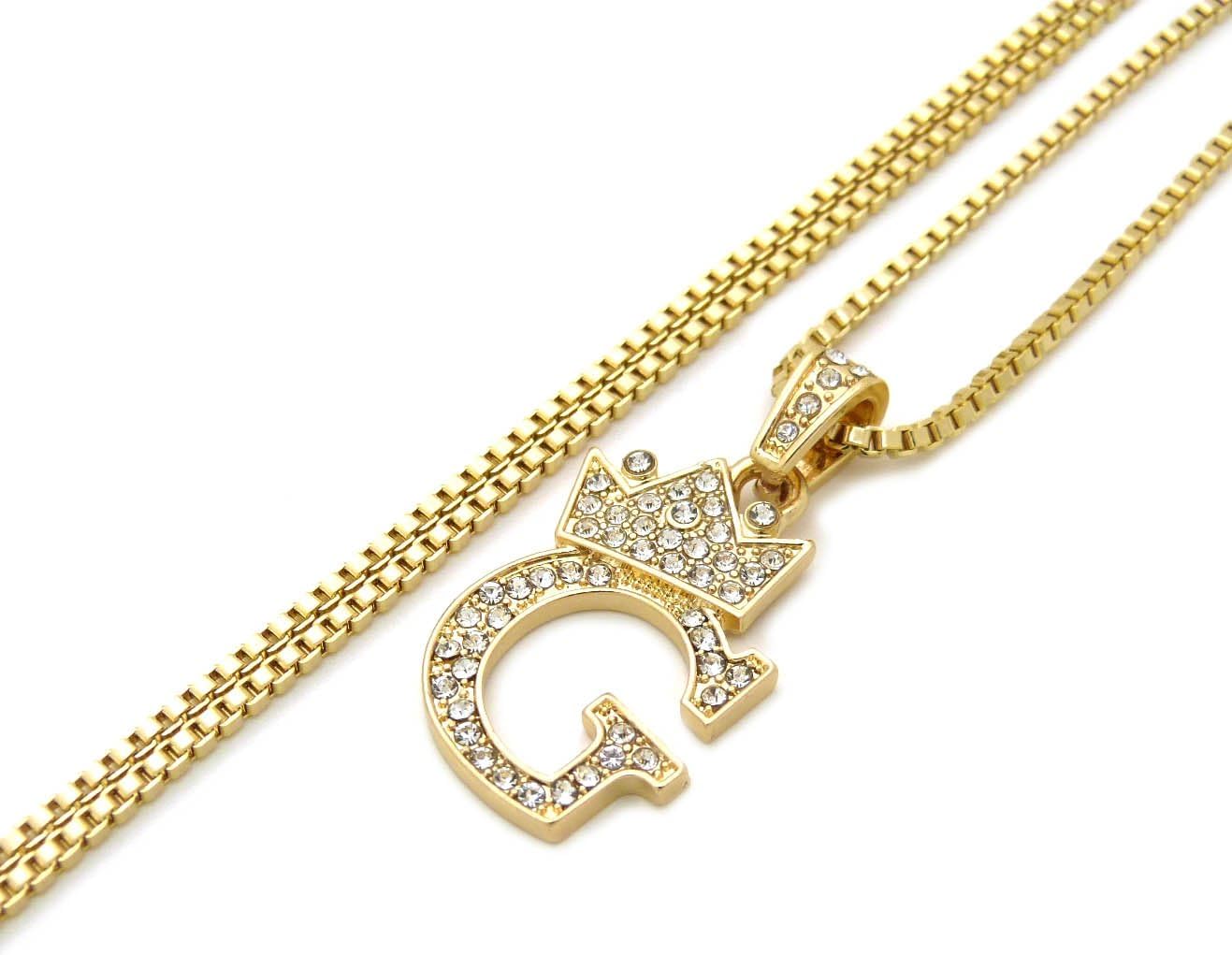 Fashion 21 Unisex Small Size Pave Initial Alphabet Letter Pendant 24" Box Chain Necklace & Earring Set (G Set/Gold)