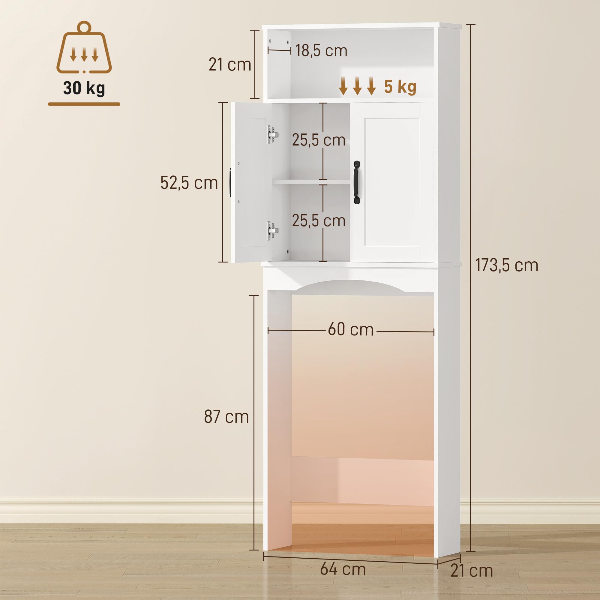 HOMCOM Mueble sobre Inodoro, Armario sobre Inodoro, Mueble de Baño con 2 Puertas de Cierre Silencioso, Estante Abierto para Lavanderías, Espacios Pequeños, 64x21x173,5 cm, Blanco
