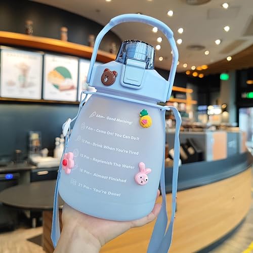 excvalues Botella de agua Kawaii con correa botellas de agua de gran capacidad con calcomanías 3D botella portátil para el vientre grande para la