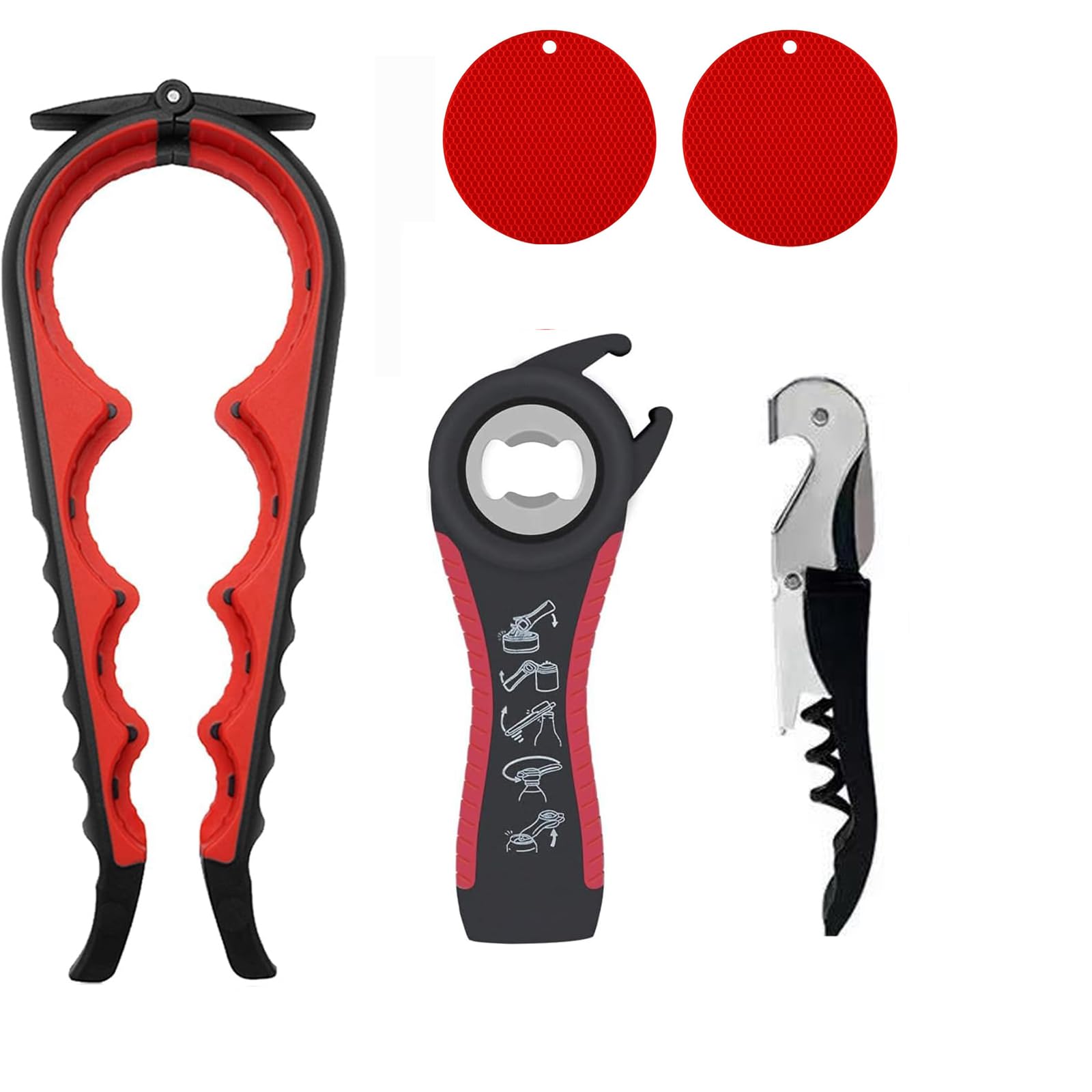 Jar Opener Set - 5-Pack Multi-Purpose Can Openers, Kitchen Tools for Hand Weakness, Elderly and Arthritis Patients - Open Lids, Pull Tabs and Corks + Non-Slip Silicone Pad Beer Bottle Opener (Red)