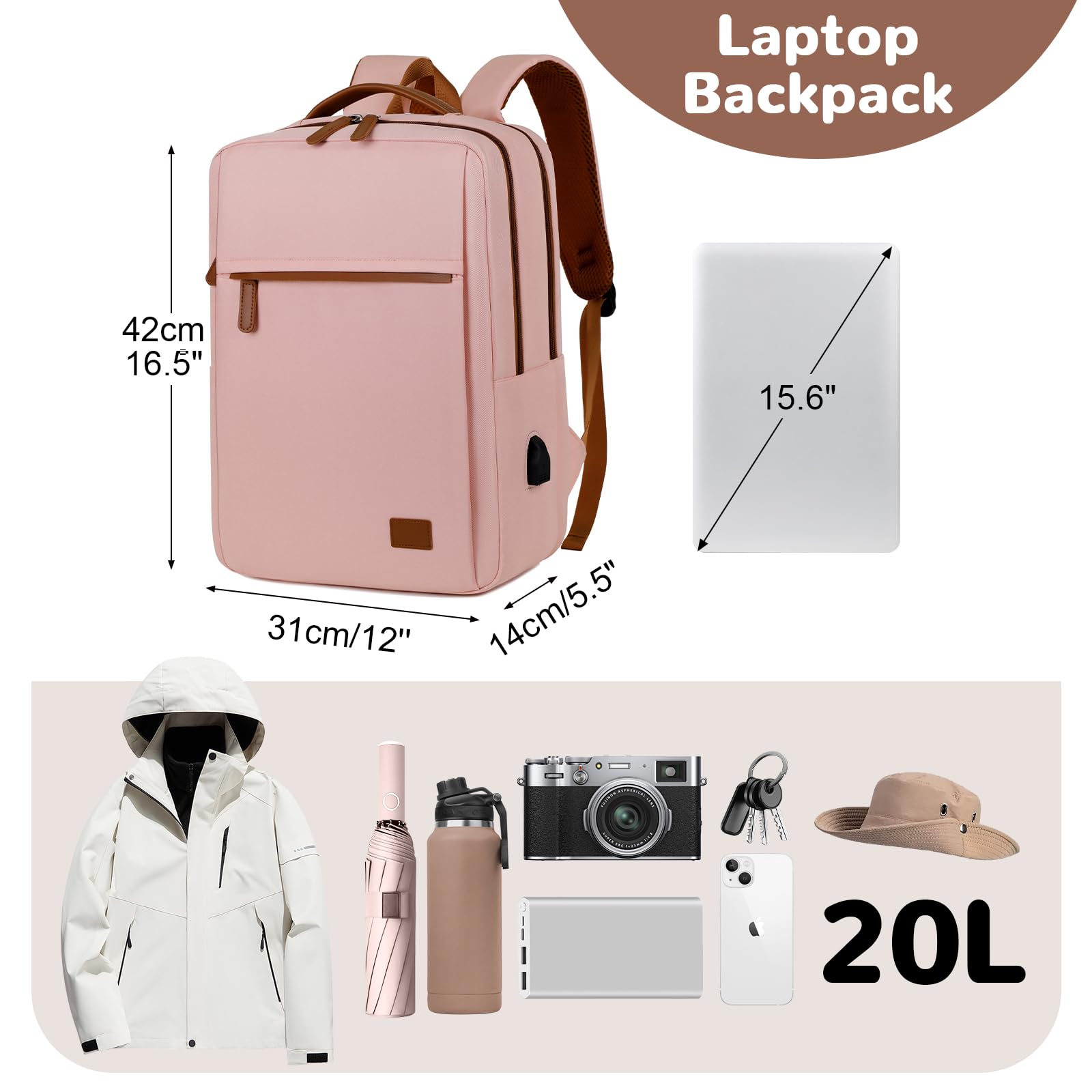 15.6" Zaino Porta PC Uomo Donna, Zaino Computer Laptop Impermeabile, Zainetto da Viaggio Multitasche, Zainetto Lavoro Ufficio per Università, Rosa