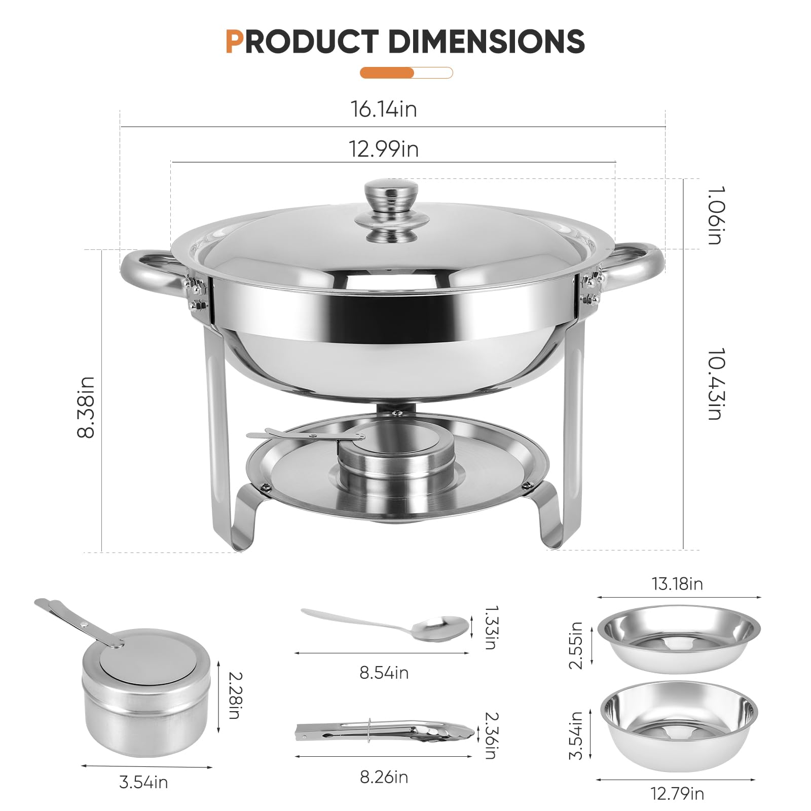 Juego de 4 platos de acero inoxidable con soporte para tapa, chafers redondos y calentadores de buffet para bodas, eventos, banquetes