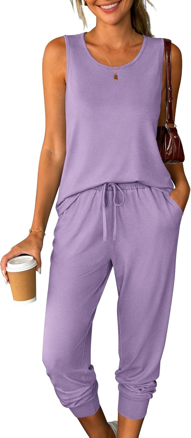 Womens Two Piece Lounge Sets 2026 Summer Sleeveless Outfits Crewneck Tank Tops Joggers Pants Travel Loungewear