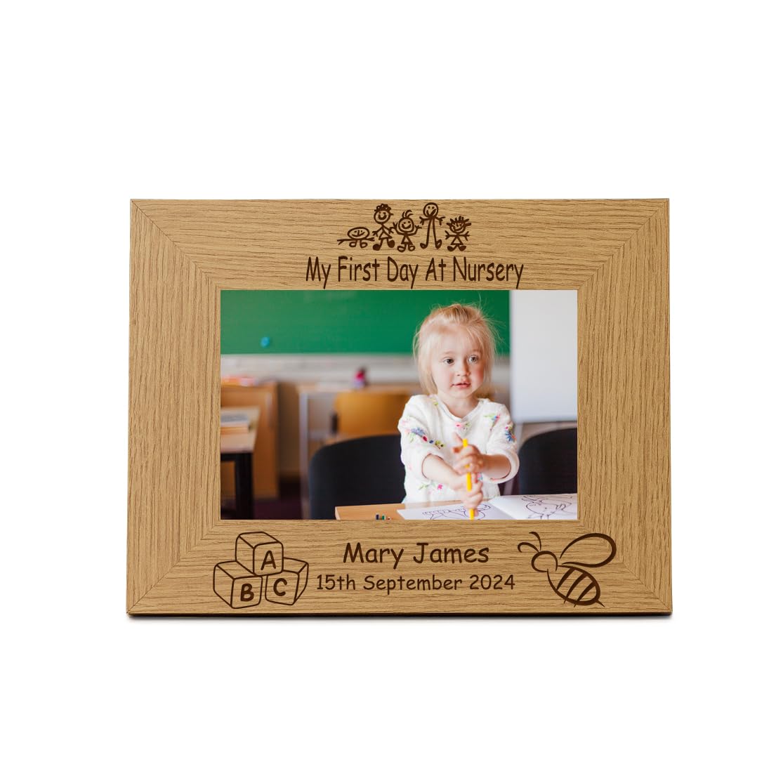Personalised First Day At Nursery Photo Frame, Oak Wood Finish, Engraved, Various Sizes (5 x 7 Inch)