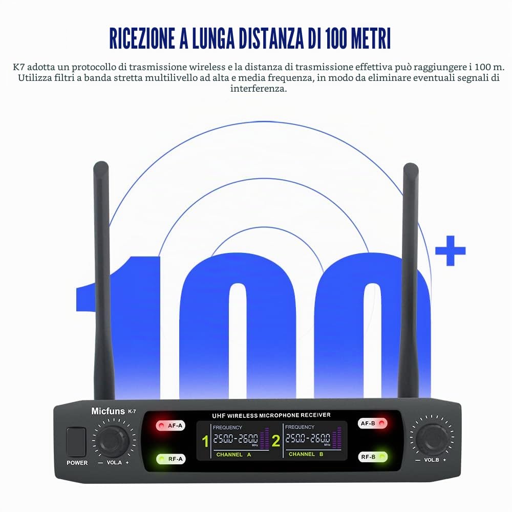 K7 - Kit microfono professionale senza fili 2 portatile VHF 230-250 MHz 100 m per karaoke, feste, lingua