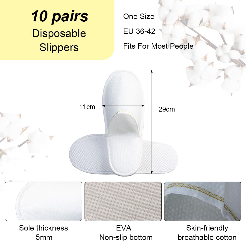 Chaussons Jetables,Chausson Hotel,Chaussons Invités,10 Paires Pantoufles Antidérapantes Lavables,Confort Doux,pour hôtels et spa,Voyage,Événements et Usage Commercial (Unisexe)
