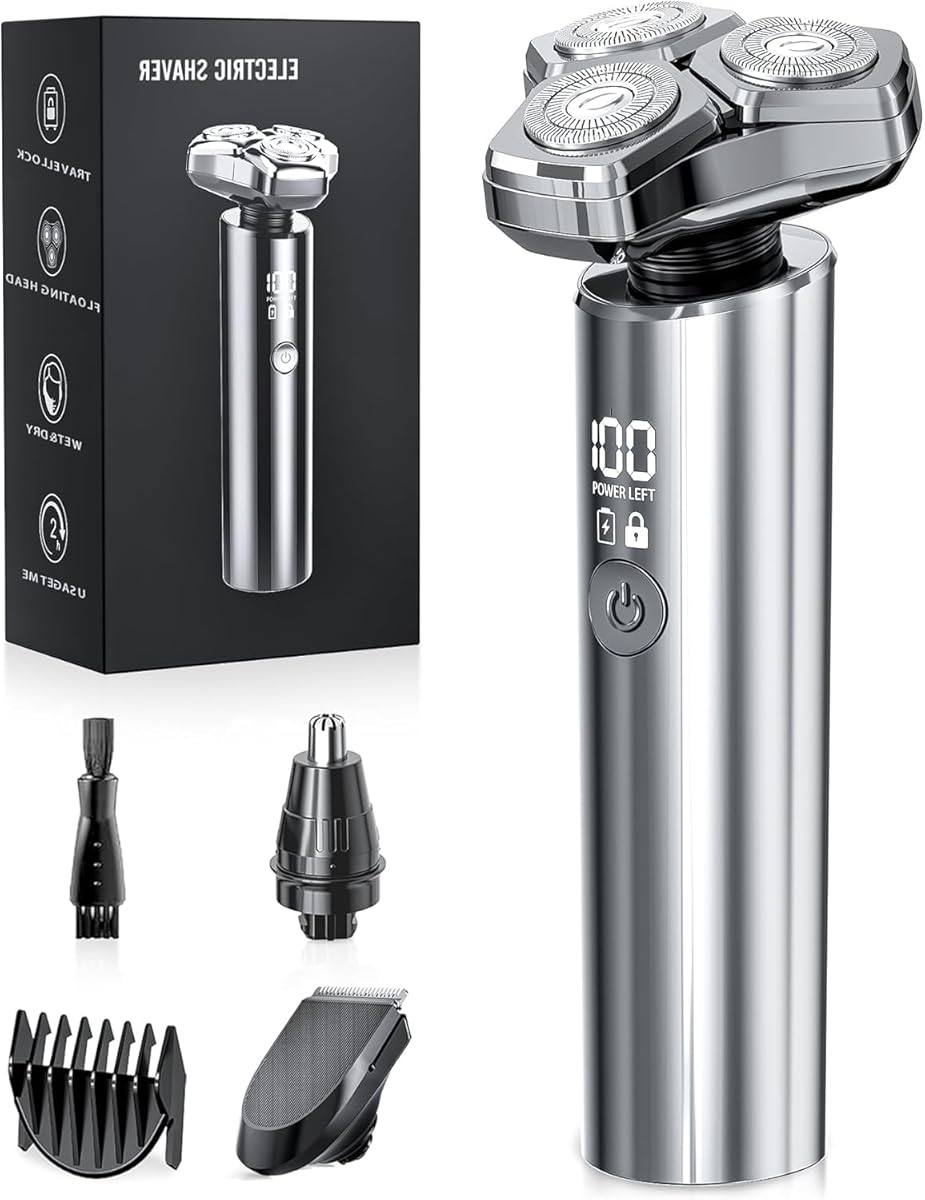 Electric Razor for Men，10,000RPM High-Speed Motor, IPX8 Waterproof, USB Fast Charging, Quick Charge & Travel Lock，Metallic Gray