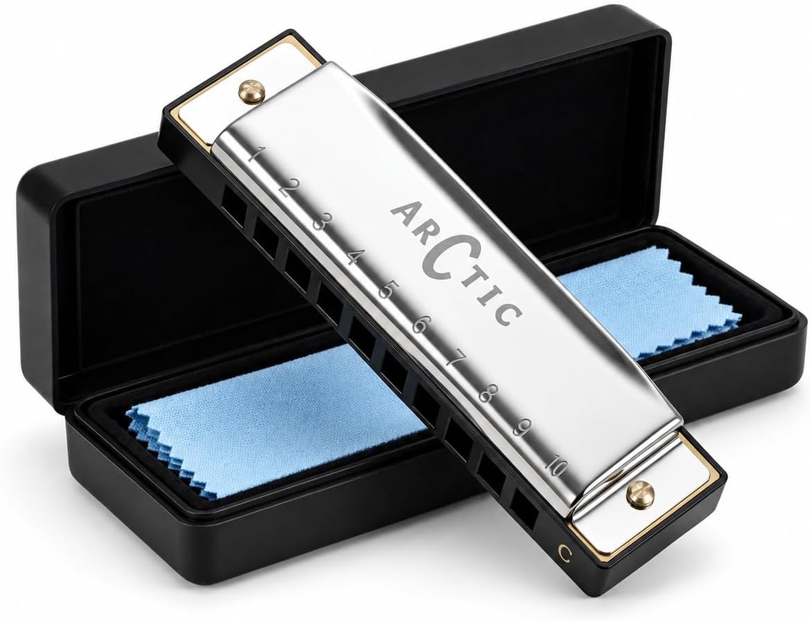 ARCTIC C Key 10-Hole 20-Tone Diatonic Harmonica With Case & Cloth - Silver | Excellent Airtightness, Smooth Airflow, Clear Bright Tone, ABS Comb, Brass Reeds