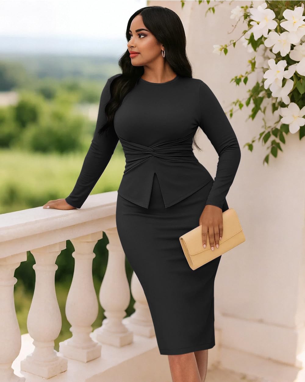 HWP Dressy Business Dresses for Women Elegant Bodycon Long Sleeve Pencil Dress Knee Length Vintage Peplum Dress Wear to Work - Image 5