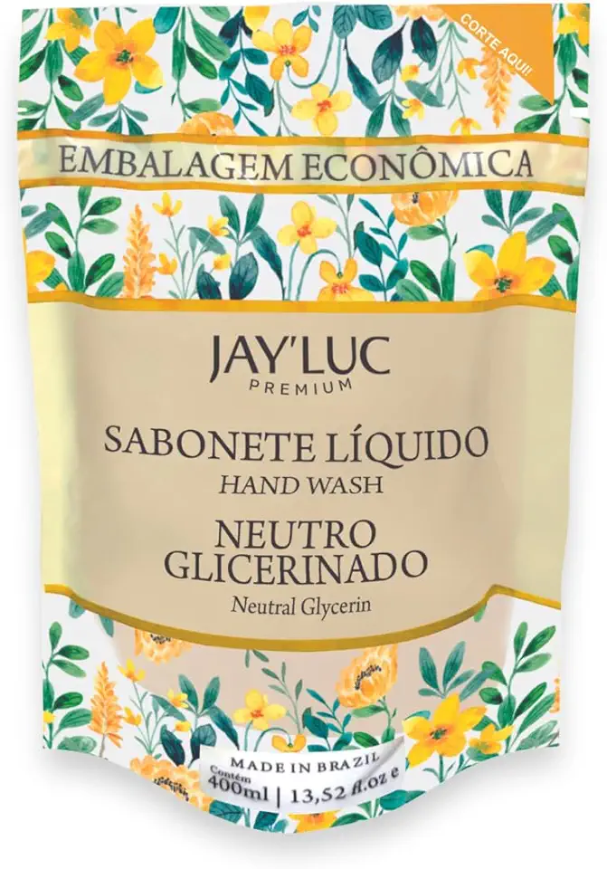 Sabonete Líquido Hidratante Neutro Glicerinado Sachê Jay Luc 400Ml, Sabonete Líquido Neutro Glicerinado, Amarelo, Todos Os Tipos De Pele, Elimina 99,9% Das Bactérias, Refil Embalagem Econômica