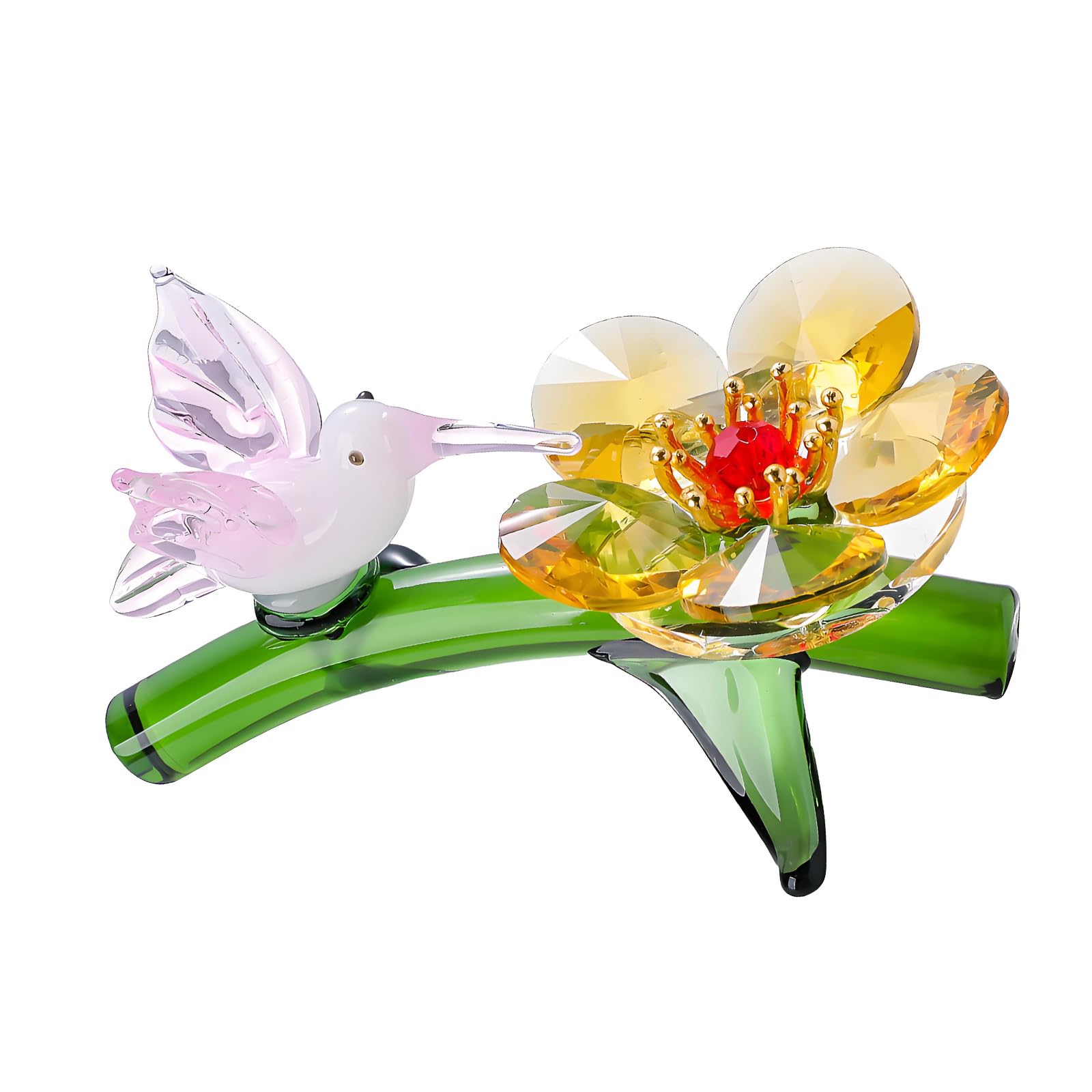 Pyasuye Handcrafted Crystal Bird with Flower Miniature Figurine Ornament Home Decors for Desktop Shelf Decoration Gift Crystal Bird and Flower Decoration