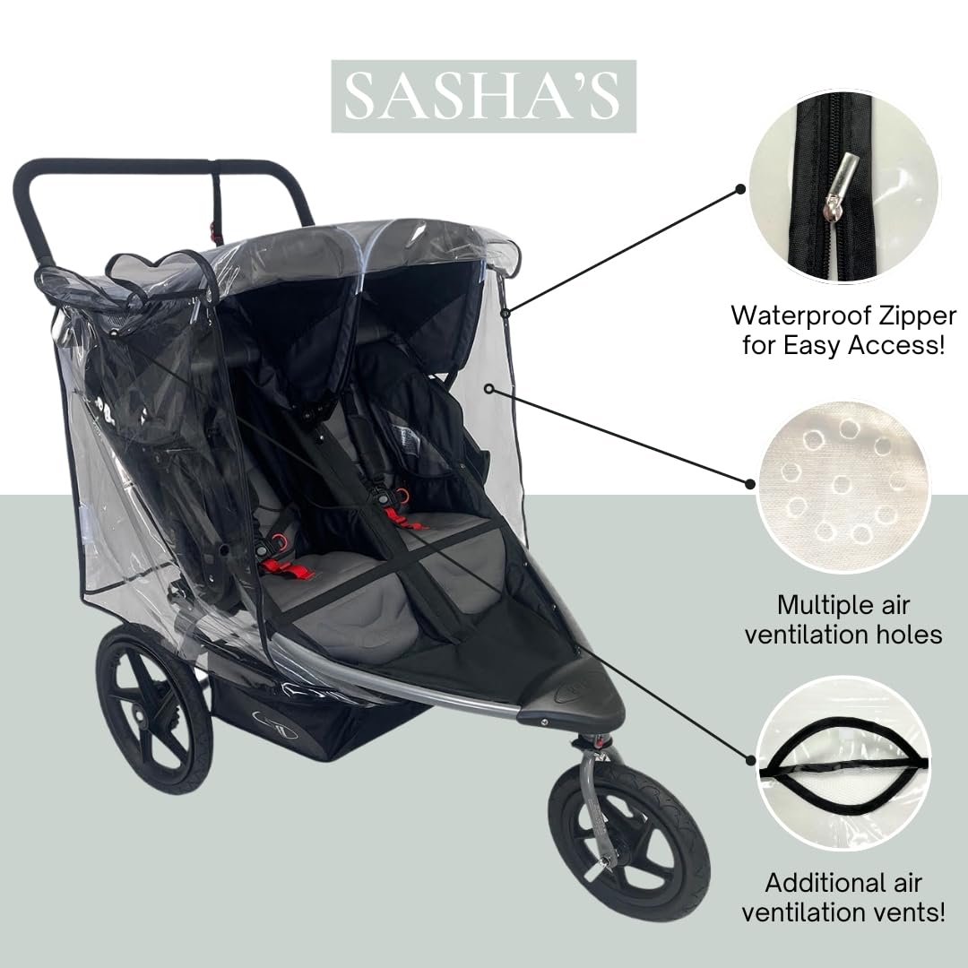 SASHA'S Rain Cover for Bob Duallie Double Jogging Stroller, Zipper Access, Maximum Coverage, Weather Shield (Jogger not Included)