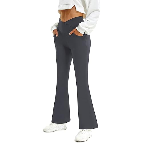 FireSwan Womens Crossover Flare Leggings with Pockets Bootcut High Waisted Yoga Pants Tummy Control Gym Workout Work Pants