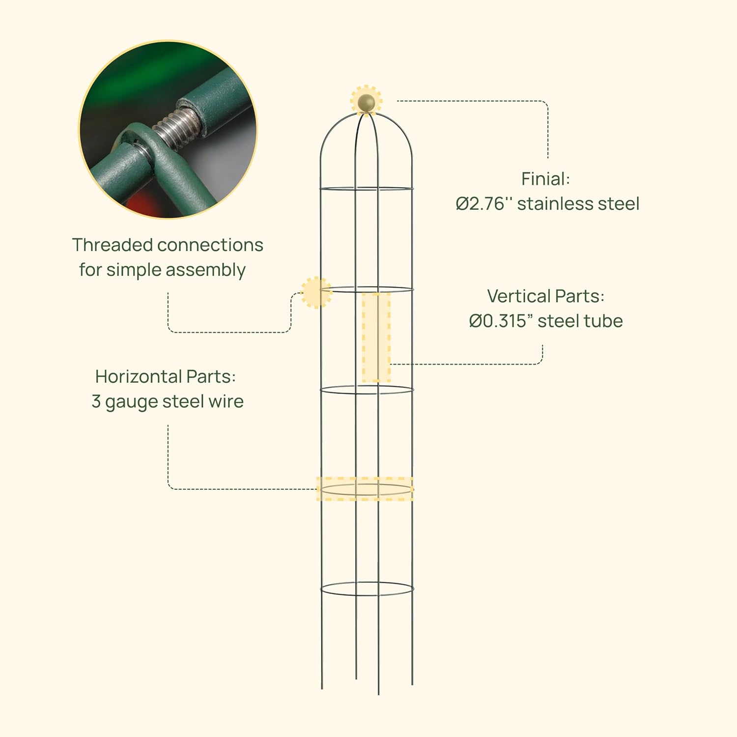 Vego Garden 7.6 ft Round Obelisk Garden Trellis, Metal Rustproof Plant Support Rose Trellis, Tower Potted Cages for Flowers Fruits Vegetable Vines Indoor & Outdoor