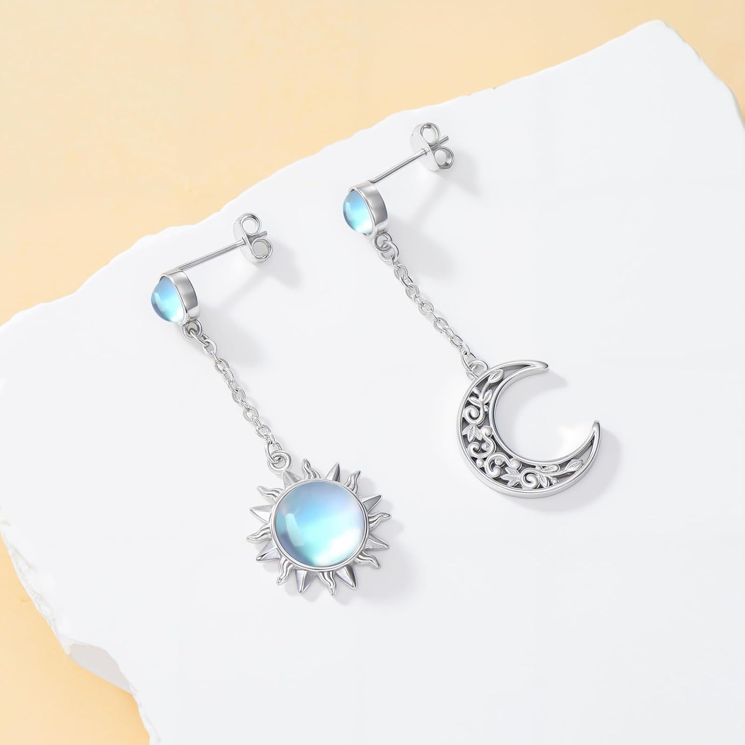 Sun and Moon Earrings for Women 925 Sterling Silver Moonstone Celestial Sun Crescent Moon Dangle Drop Earrings