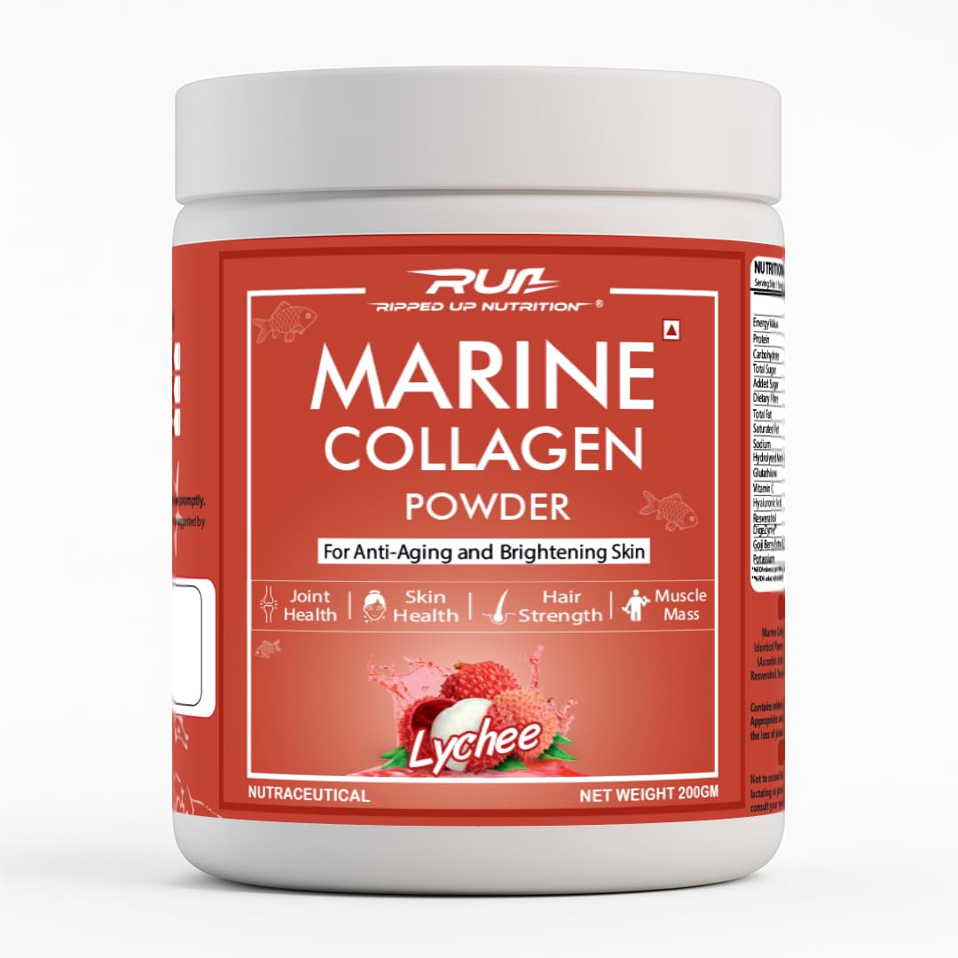 Marine Collagen - 200g, | 8.9g Pure Collagen, 200mg Glutathione, 50mg Goji Berry | Clinically Proven Formula | Skin Glow, Anti-Aging, Hydration, Hair & Nail Health | No Fishy Smell (200Gm, Lychee)