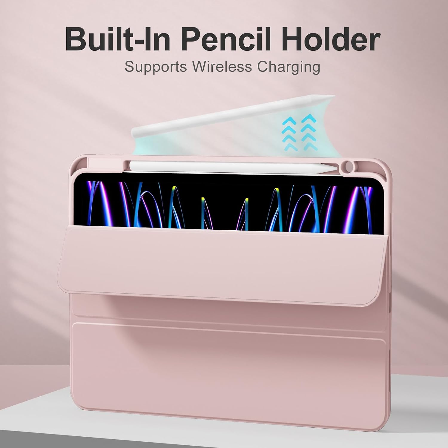 Case for iPad Pro 11 4th Gen 2022/3rd Gen 2021/2nd Gen 2020 with Pencil Holder, Support Pencil Charging, Soft TPU Back Cover, Three-Stage Folding Support, Auto Sleep/Wake, Pink