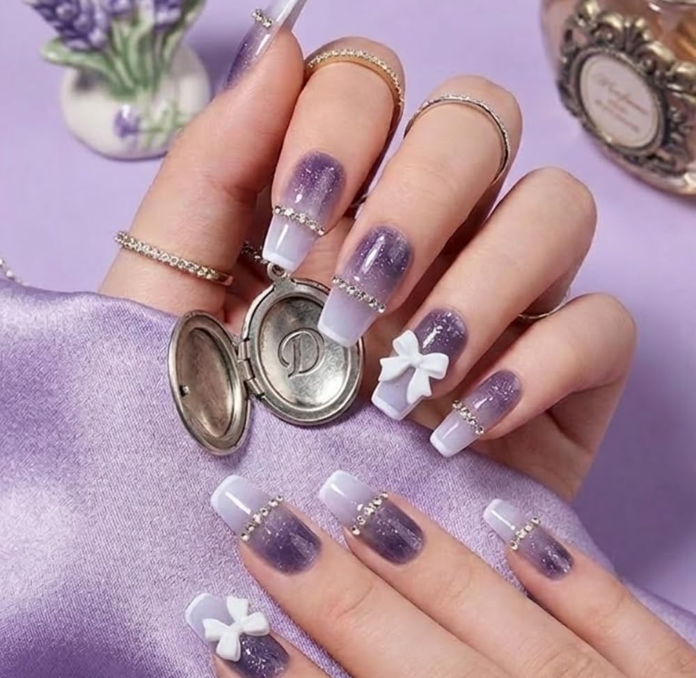 Purple Glitter French Tip Press-On Nails with Bow 24 Pcs Press On Nails-image-9