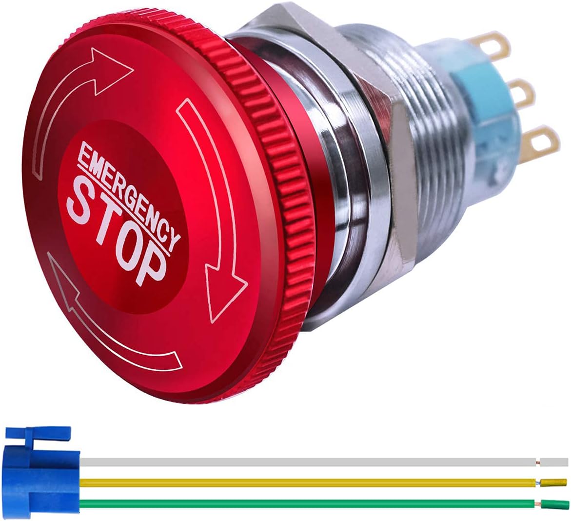 22mm Stainless Steel Metal Latching Emergency Stop Push Button Switch 12-220V 3A 1NO 1NC with Connection Plug