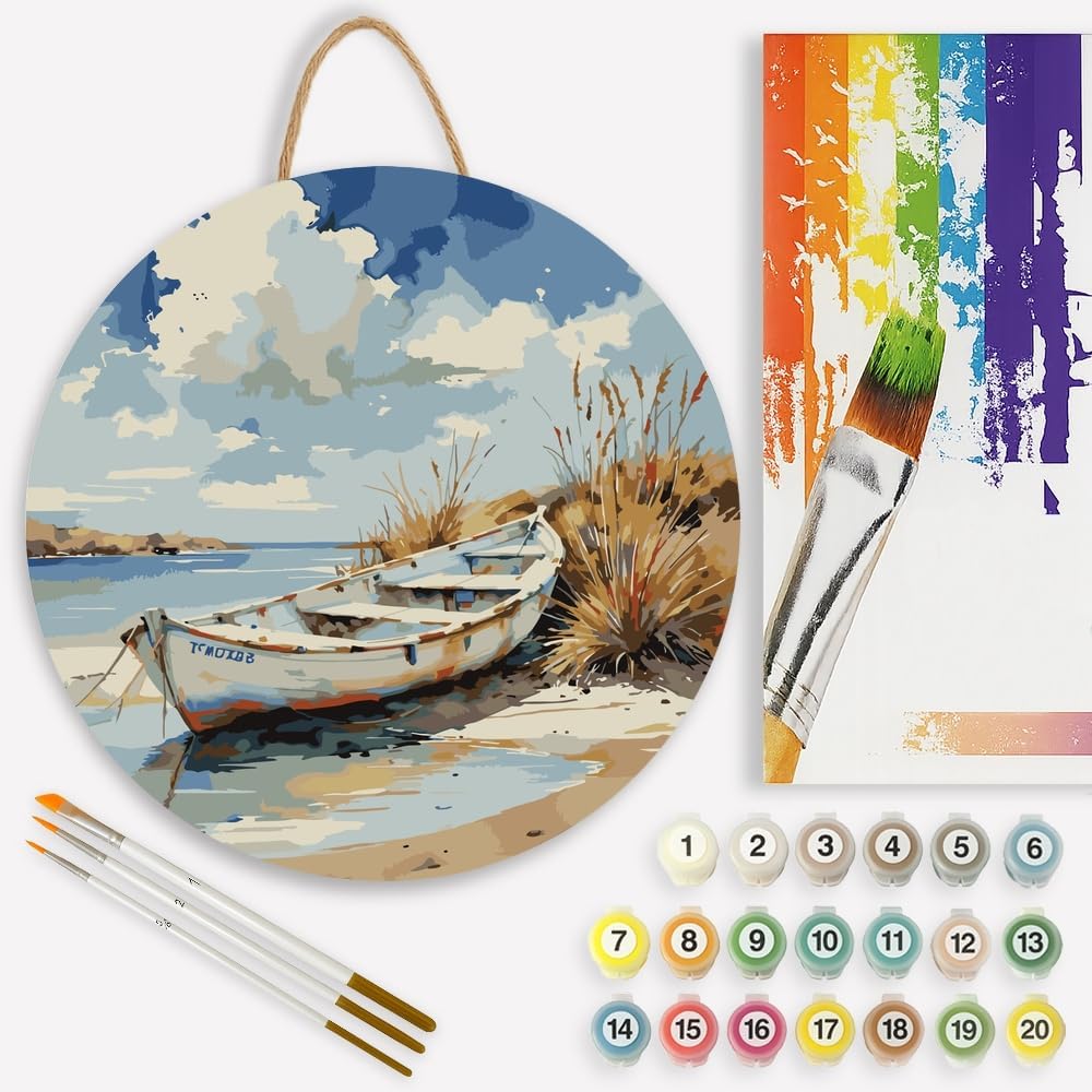 Beached Rowboat Paint by Numbers Kit for Adults on Wood Board – DIY Rustic Boat on Sandy Shore Wood Craft Painting Kit, 12 in Round, Acrylic Paint Set, Beginner-Friendly, Relaxing Home Decor Gift