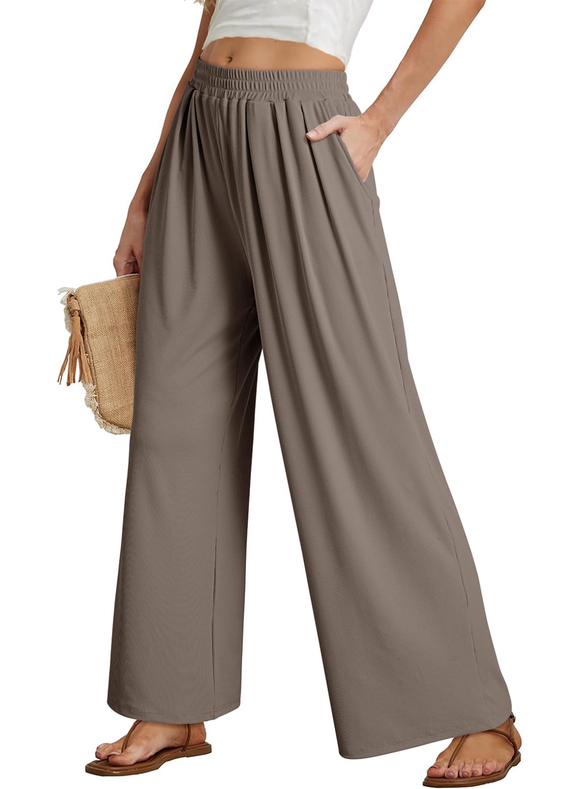 Dokotoo Womens Elastic Waist Wide Leg Pants Baggy Casual Stretch Palazzo Pants with Pockets