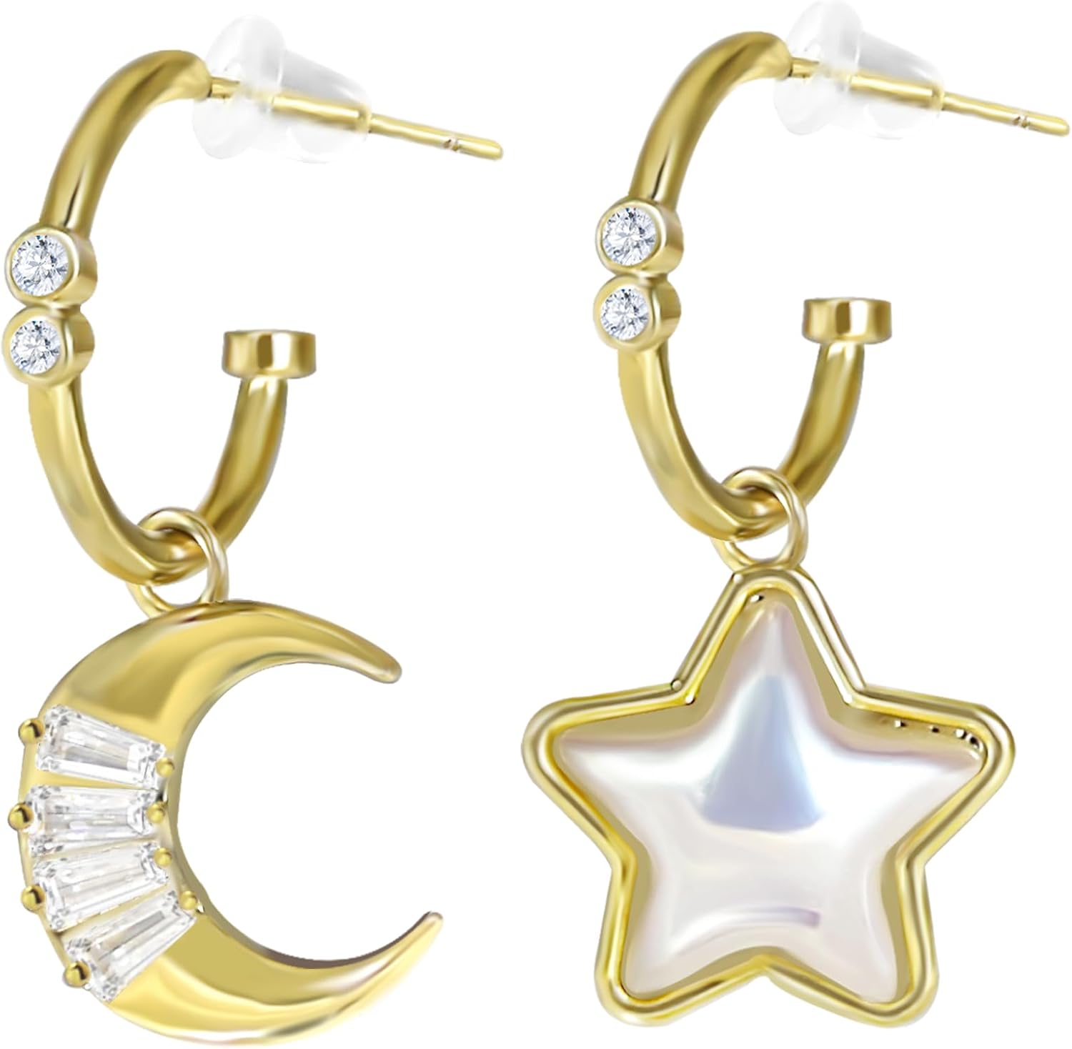 Gold Earrings for Women, 14K Gold Plated Moon Star Earrings Hypoallergenic Fashion Drop Dangle Hoop Stud Cubic Zirconia Jewelry